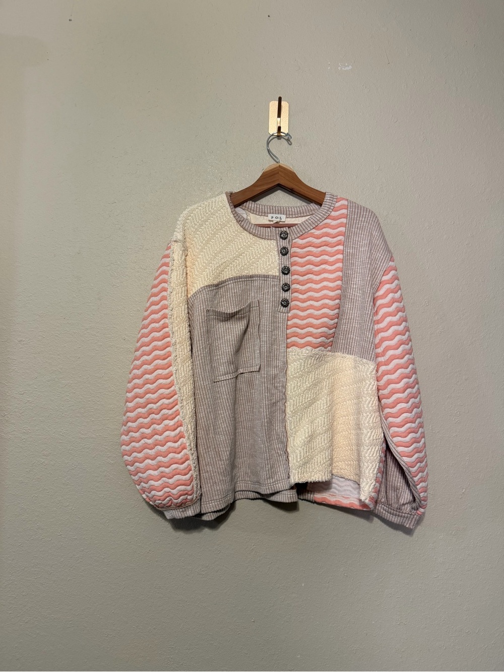 POL Patchwork Mixed Media Sweater Puff Sleeve Size Small